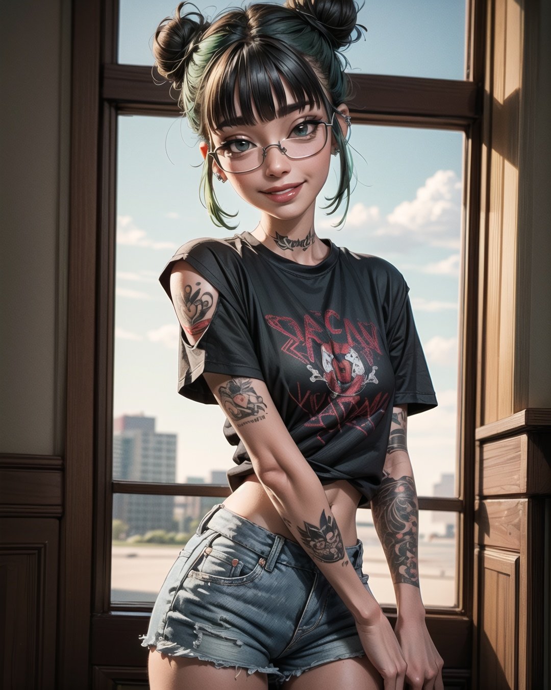 highres, masterpiece, perfect lighting, bloom, cinematic lighting, adult, female, looking at viewer, cowboy shot, (RSEEmma:1.5), blunt bangs, black hair:green hair, twin buns, glasses, punk, jean shorts, (piercings, tattoo), full lips, :), smile,    , 