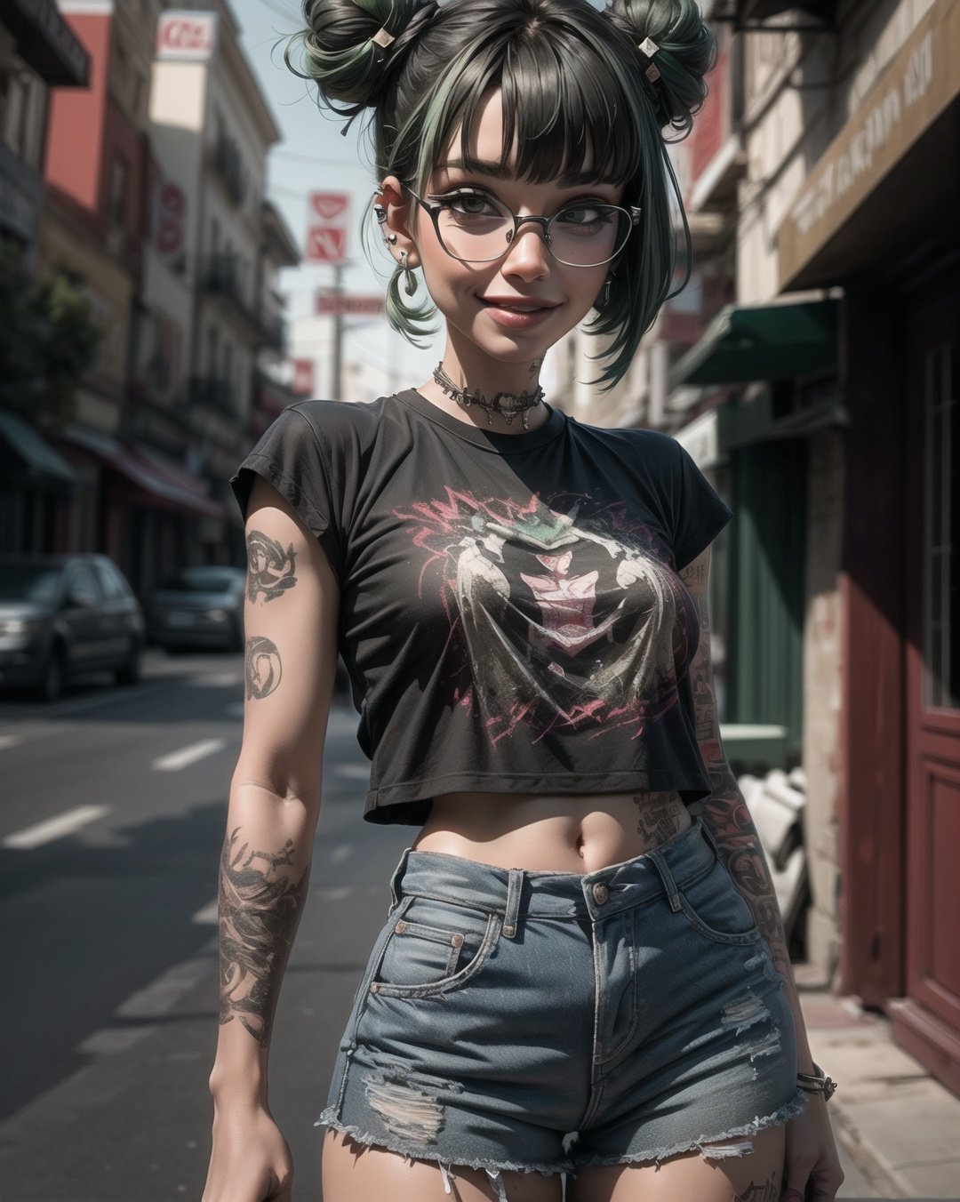 highres, masterpiece, perfect lighting, bloom, cinematic lighting, adult, female, looking at viewer, cowboy shot, (RSEEmma:1.5), blunt bangs, black hair:green hair, twin buns, glasses, punk, jean shorts, (piercings, tattoo), full lips, :), smile,    , 