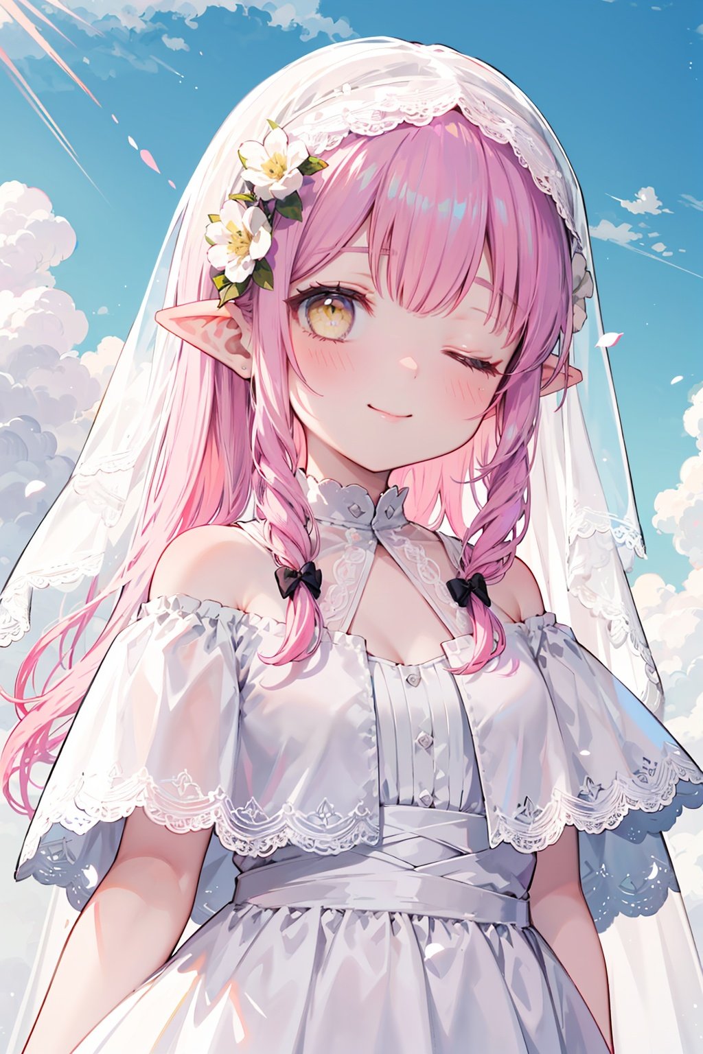 1girl,
pink hair, yellow eyes, hair cover one eye, pointy ears, long hair, hair flower, Lateral hair,
blush,
veil, wedding,lace,revealing dress,robe, sheer capelet, off shoulder,
upper body,sky,cloud,vanishing point,
eyes closed,smile