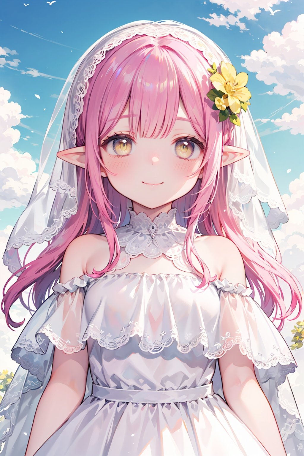 1girl,
pink hair, yellow eyes, hair cover one eye, pointy ears, long hair, hair flower, Lateral hair,
blush,
veil, wedding,lace,revealing dress,robe, sheer capelet, off shoulder,
upper body,sky,cloud,vanishing point,
eyes closed,smile