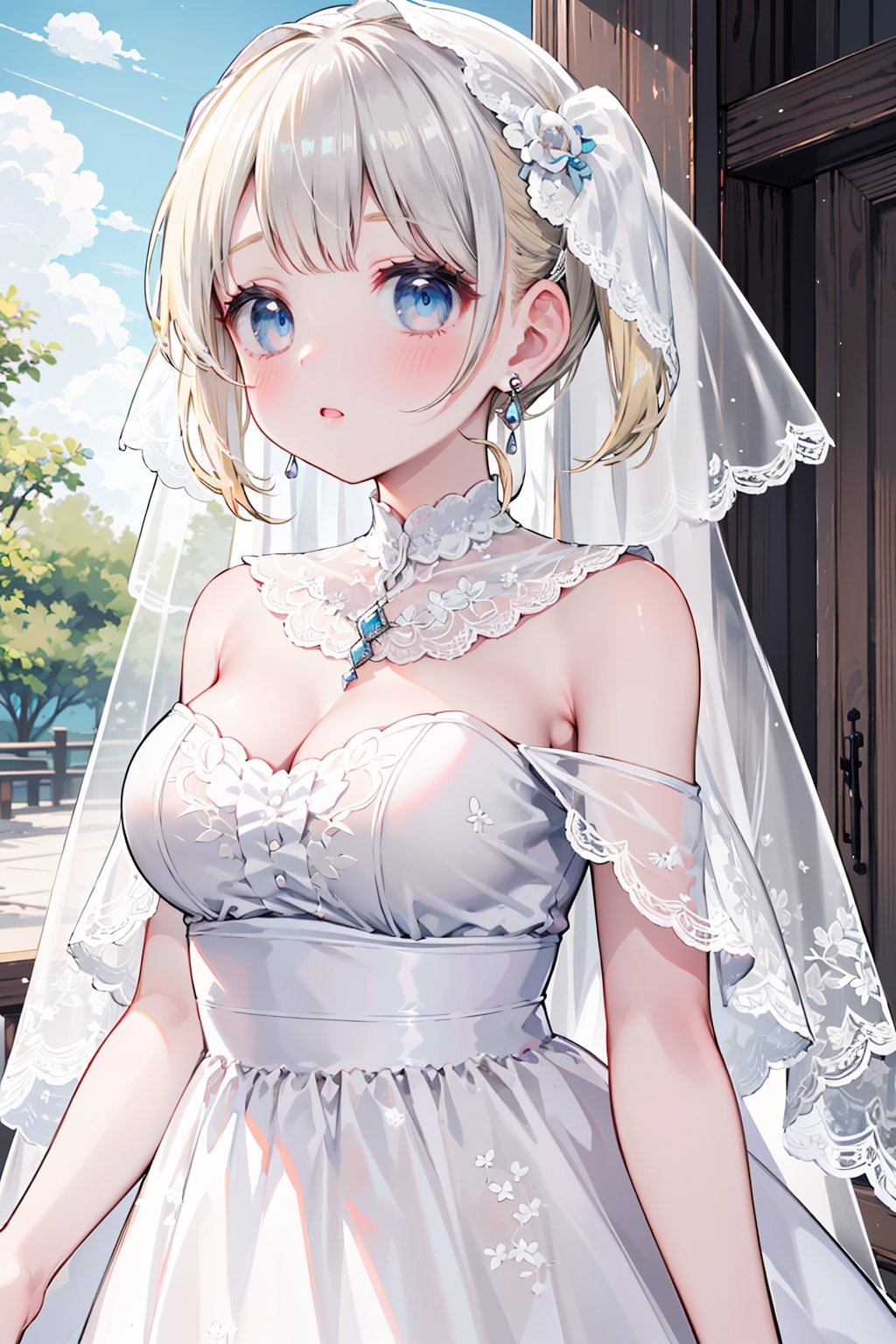 1girl,
blonde hair, long hair, blue eyes,large breasts,twintails
blush,
veil, wedding,lace,revealing dress,robe, sheer capelet, off shoulder, earring, sliver lace, silver trim, silver dress
upper body,sky,cloud,vanishing point