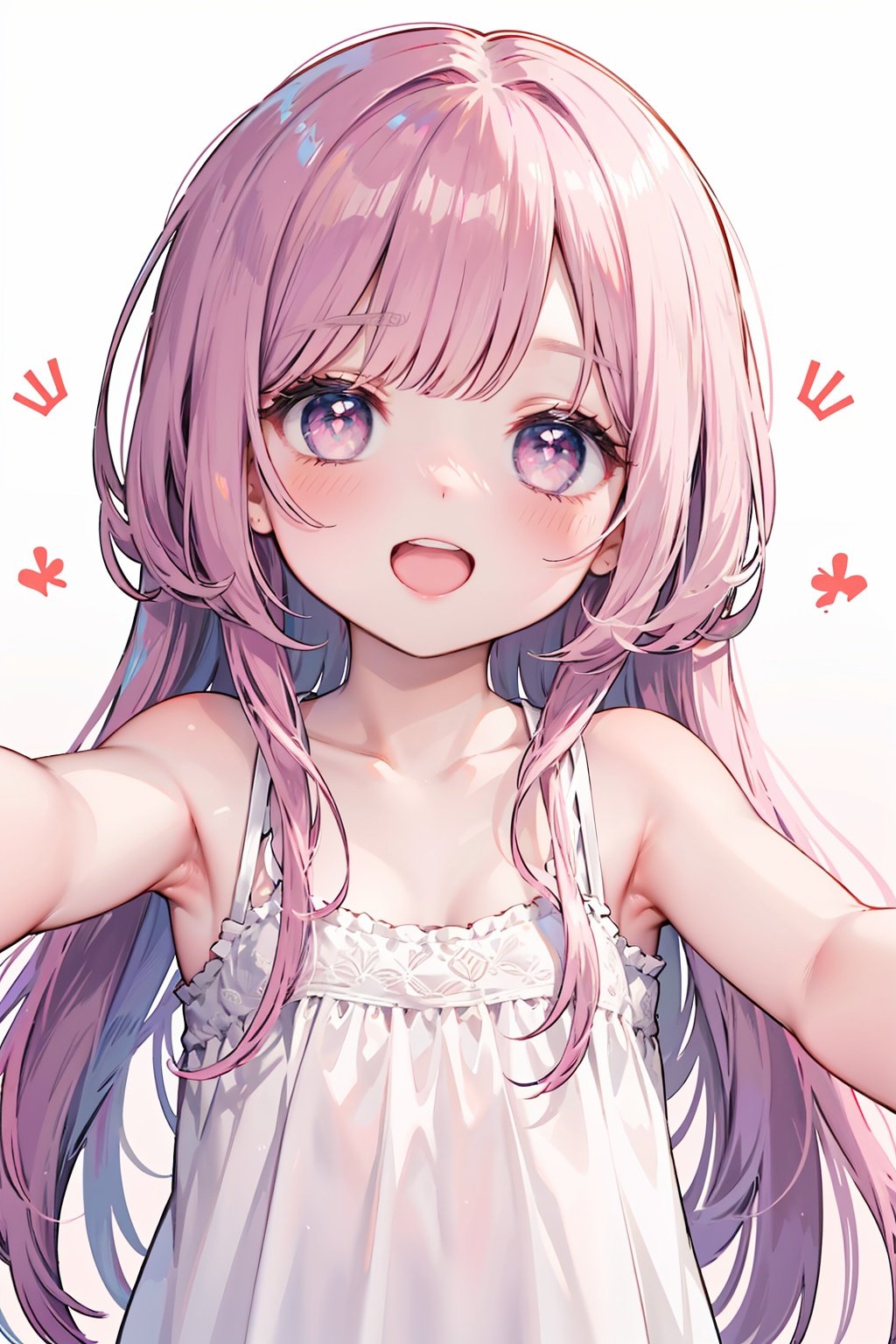 1girl, solo,looking at viewer, bangs,collarbone, blush,bare arms, bare shoulders, reaching out,close range, low tied,solo locks,child,small breasts,bare shoulders,blush,light smile,open mouth, winking, standing,upper body, pink long hair,simple background,red eyes, symbol-shaped pupils, very_long_hair,