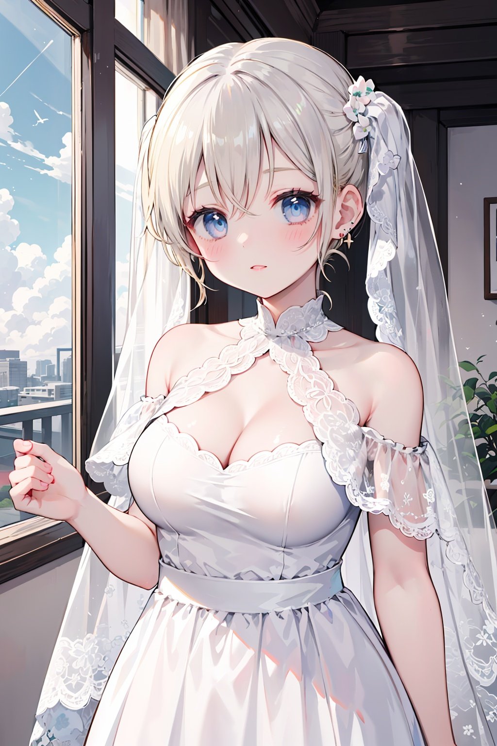 1girl,
blonde hair, long hair, blue eyes,large breasts,twintails
blush,
veil, wedding,lace,revealing dress,robe, sheer capelet, off shoulder, earring, sliver lace, silver trim, silver dress
upper body,sky,cloud,vanishing point