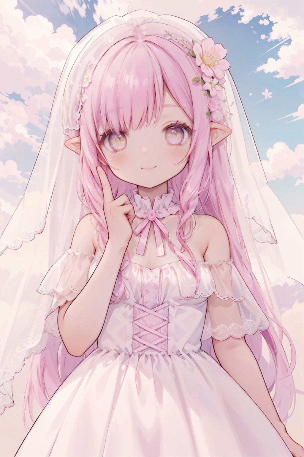 1girl,
pink hair, yellow eyes, hair cover one eye, pointy ears, long hair, hair flower, Lateral hair,
blush,
veil, wedding,lace,revealing dress,robe, sheer capelet, off shoulder,
upper body,sky,cloud,vanishing point,
eyes closed,smile