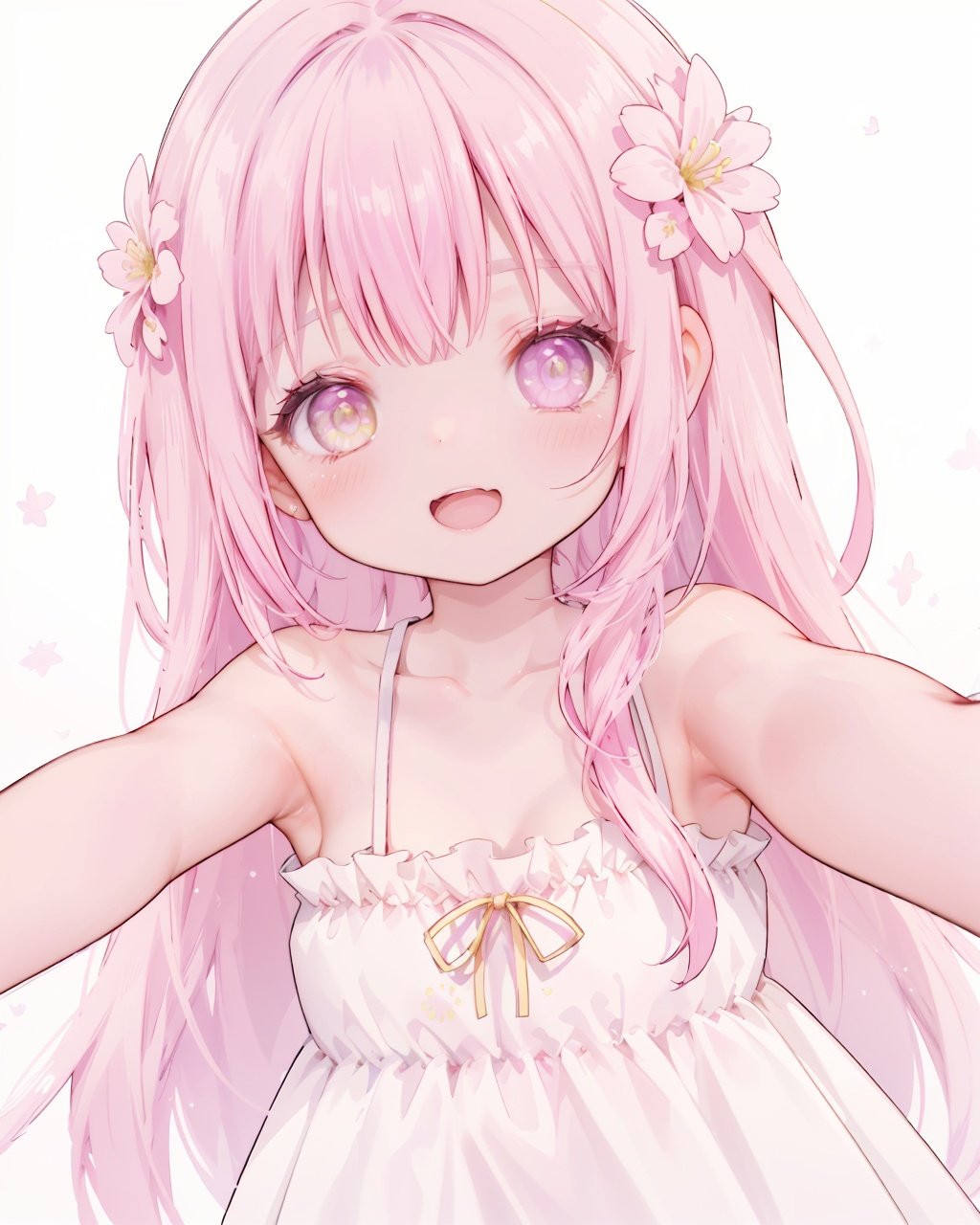 1girl, solo,looking at viewer,collarbone, blush,bare arms, bare shoulders, reaching out,close range, 

pink hair, yellow eyes, hair cover one eye, pointy ears, long hair, hair flower, Lateral hair,

bare shoulders,blush,light smile,open mouth, winking, standing,upper body,white background, 