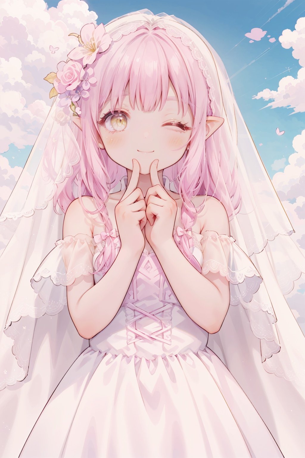 1girl,
pink hair, yellow eyes, hair cover one eye, pointy ears, long hair, hair flower, Lateral hair,
blush,
veil, wedding,lace,revealing dress,robe, sheer capelet, off shoulder,
upper body,sky,cloud,vanishing point,
eyes closed,smile