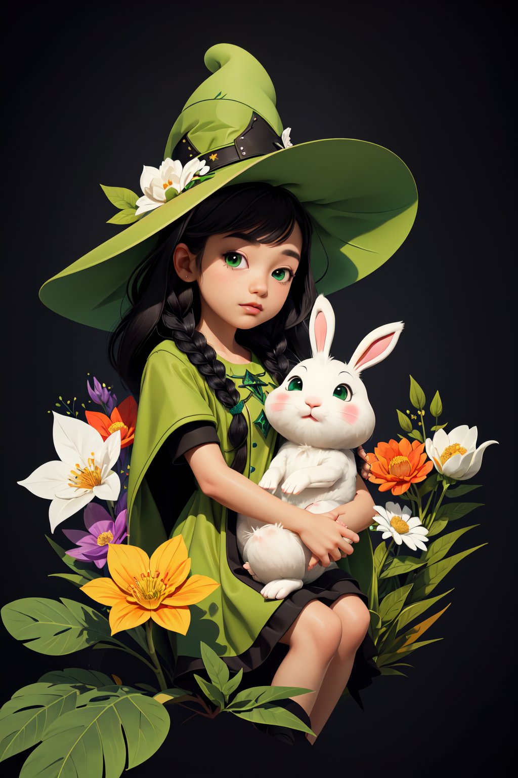 (( Ride on beautifully decorated white giant lagomorph )) , shining eyes , twin braid , black hair , parted bangs, little girl, 15 years old, simple green witch's big hat and green robe, intricate details, 32k digital painting, hyperrealism, (vivid color,abstract background:1.3, colorful:1.3, flowers:1.2, zentangle:1.2, fractal art:1.1) ,High detailed ,