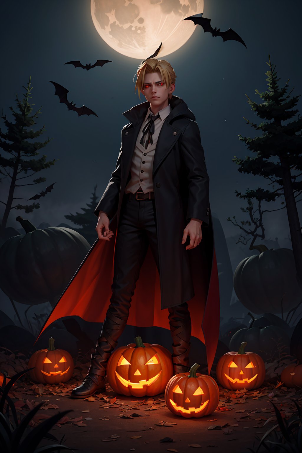 (Boy, red eyes, blonde hair, levi ackermanhairstyle)fullbody, dark orange, long coat,black and orange, ribbons, forest, halloween, shadows, dark, creepy, horns, black horns, night, glowing, glowing eyes, crows, bats, pumpkins,fantasy00d