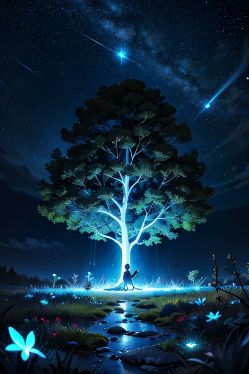 (masterpiece), best quality, high resolution, highly detailed, detailed background, cinematic light, 1 girl, (woman body), night, dark sky, luminous tree, giant tree, white bark with blue luminous veins, white leaves, stars, blue tones, wallpapers, high quality, glow, magic