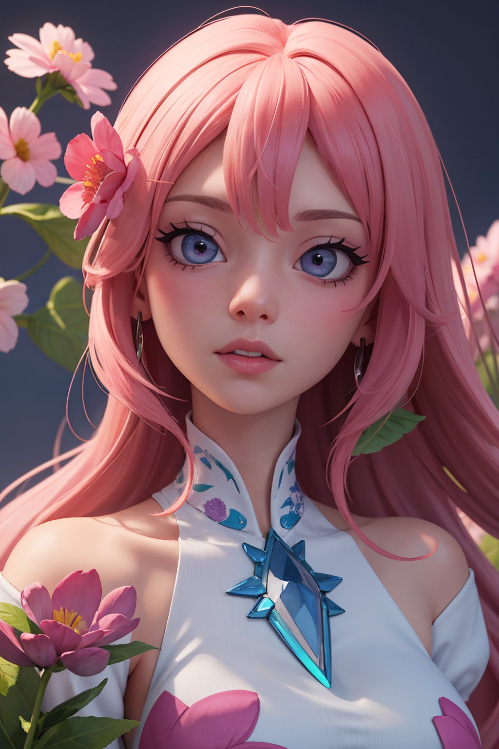 8k, (absurdres, highres, ultra detailed), (1lady:1.3), a close up of a woman's face surrounded by flowers, stunning anime face portrait, cgsociety 9, beautiful anime portrait, detailed portrait of anime girl, 🌺 cgsociety, gorgeous digital art, girl in flowers, pink flowers, wlop painting style, with frozen flowers around her, stunning cgsociety, portrait anime girl, art of wlop, beautiful anime style, 