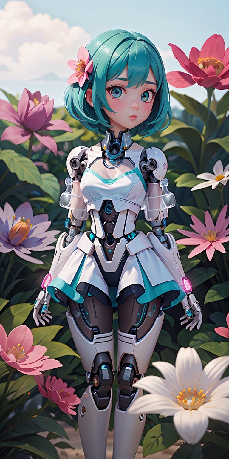 (Full shot:1.5),figure of biomechanical cyborg little girl made of glass was (picking a flower by hands), transparent, see-through intricated interal mechanical metal part, metal array, hi-tech, sci-fi, difficult, chip, circuit, post-production, elegan, teal and pearl white , ((She was picking pink flowers)) ,flower garden, outdoor,high_res,cyborg style