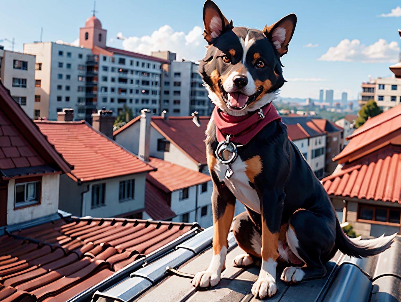 a woman sitting on top of a roof next to a tall building, an anime drawing, trending on cg society, realism, very beautiful anime (dog girl), akihiko yoshida. unreal engine, (dog ears), stunning anime face portrait,full body