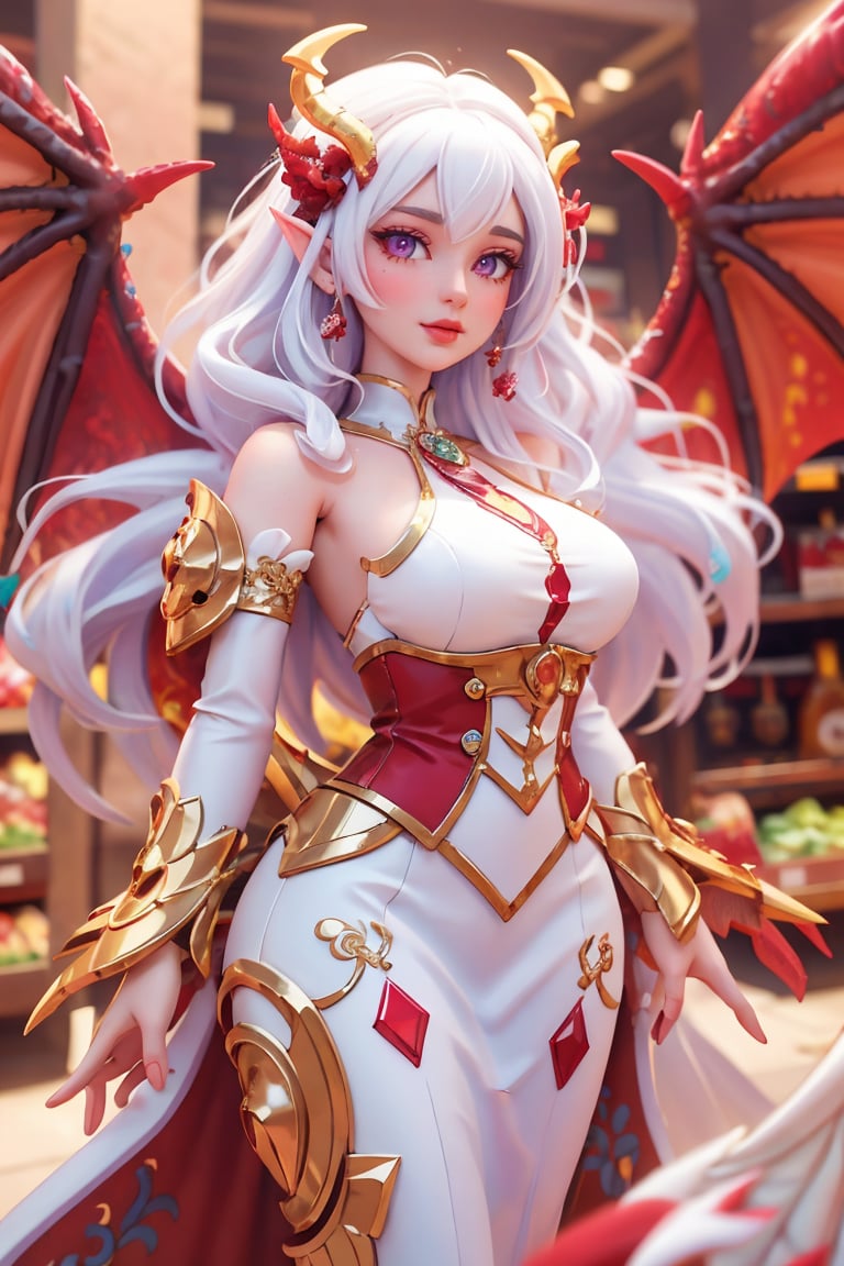 (Background supermarket), shopping,Demon,masterpiece,best quality, 1 girl, Extremely beautiful woman  glowing dragon wings, glowing hair, long cascading hair, white hair, crimson dress with white skirt,, full lips, hyperdetailed face, detailed eyes, cinematic lighting,perfect hands, dragon girl, girl with dragon wings, dark fantasy,More Detail