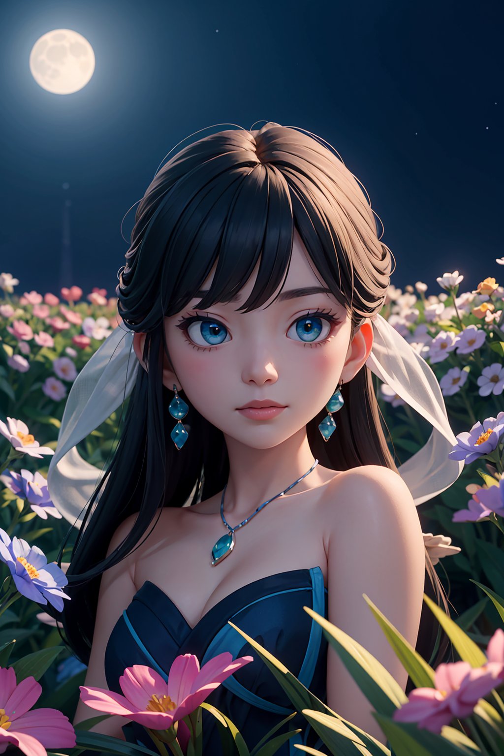 (masterpiece, best quality:1.3), (8k wallpaper), (detailed beautiful face and eyes), One girl in tranquility of a moonlit night, a field comes alive with an enchanting display of blue flowers that glow softly in the darkness. Each petal, painted in ethereal hues, radiates a gentle luminescence, transforming the landscape into a mesmerizing (sea of nocturnal blooms). Amidst the serene setting (moonlit meadow, quiet whispers of the night), the flowers illuminate the darkness with their otherworldly glow, radiant blue blossoms create a serene and enchanting spectacle,midjourney