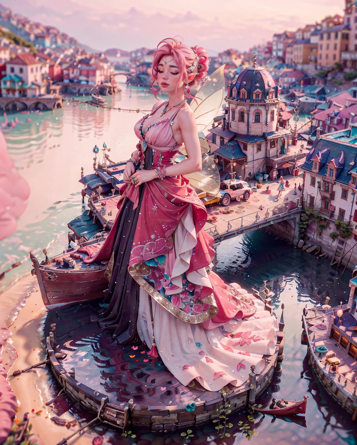 (((Fairy))),Story,(fishing),(beach), bride posing under a fairy tale, elaborate scene style, glitter, pink, realistic style, 8k,exposure blend, medium shot, bokeh, (hdr:1.4), high contrast, (cinematic, pink and red film), (muted colors, dim colors, soothing tones:1.3), low saturation, (hyperdetailed:1.2), (noir:0.4)