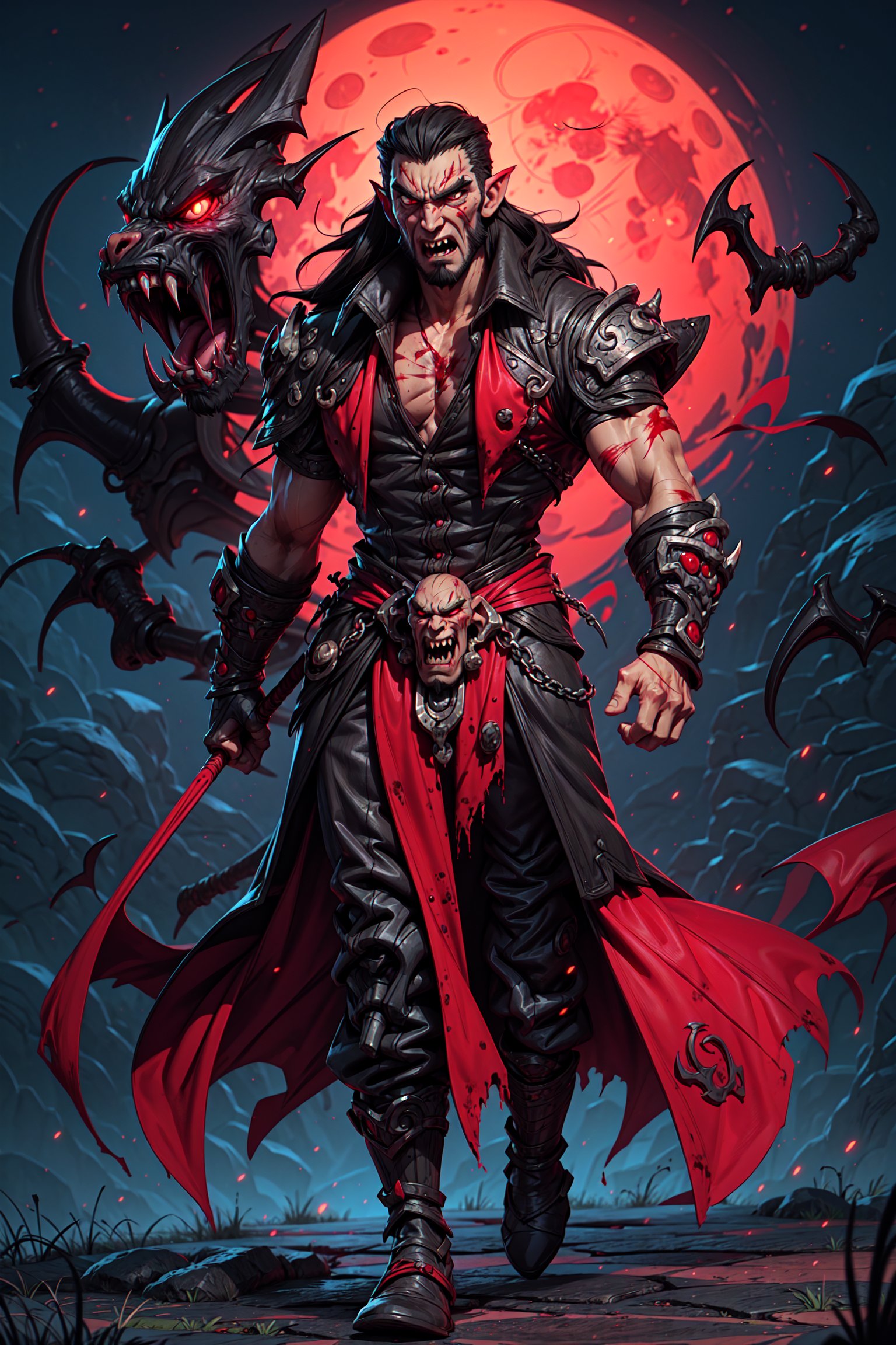 One old man , dracula , vampire face , pointy-ears , "beard long" , black hair , long_hair , scar on left eye , paleskin , big_muscle , angry face , "flesh_fang" , full_body , blood moon , walking