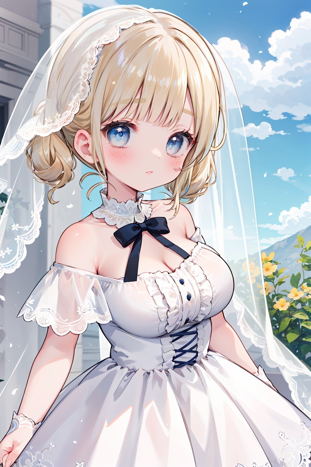 1girl,
blonde hair, long hair, blue eyes,large breasts,twintails
blush,
veil, wedding,lace,revealing dress,robe, sheer capelet, off shoulder,
upper body,sky,cloud,vanishing point