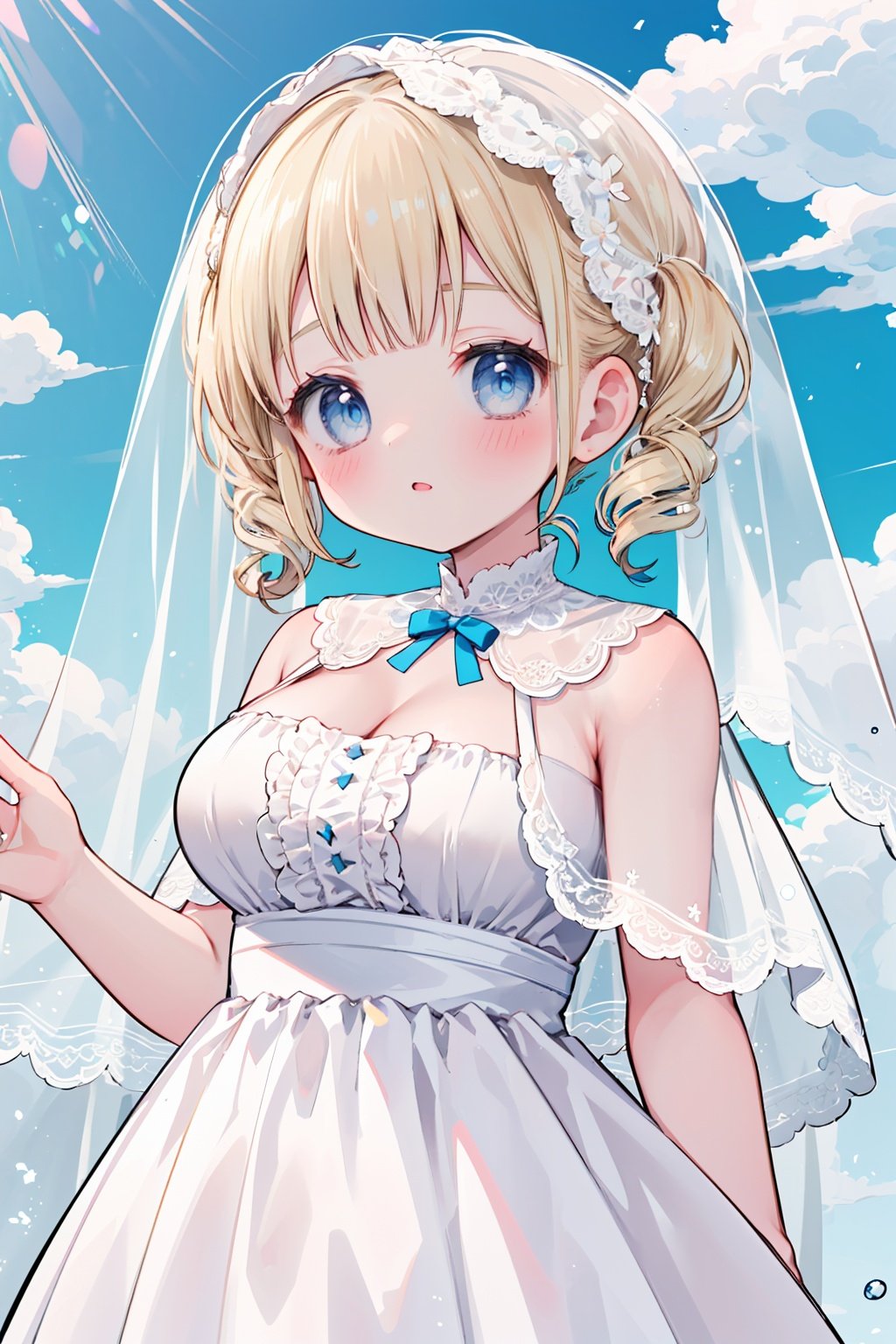 1girl,
blonde hair, long hair, blue eyes,large breasts,twintails
blush,
veil, wedding,lace,revealing dress,robe, sheer capelet, off shoulder,
upper body,sky,cloud,vanishing point