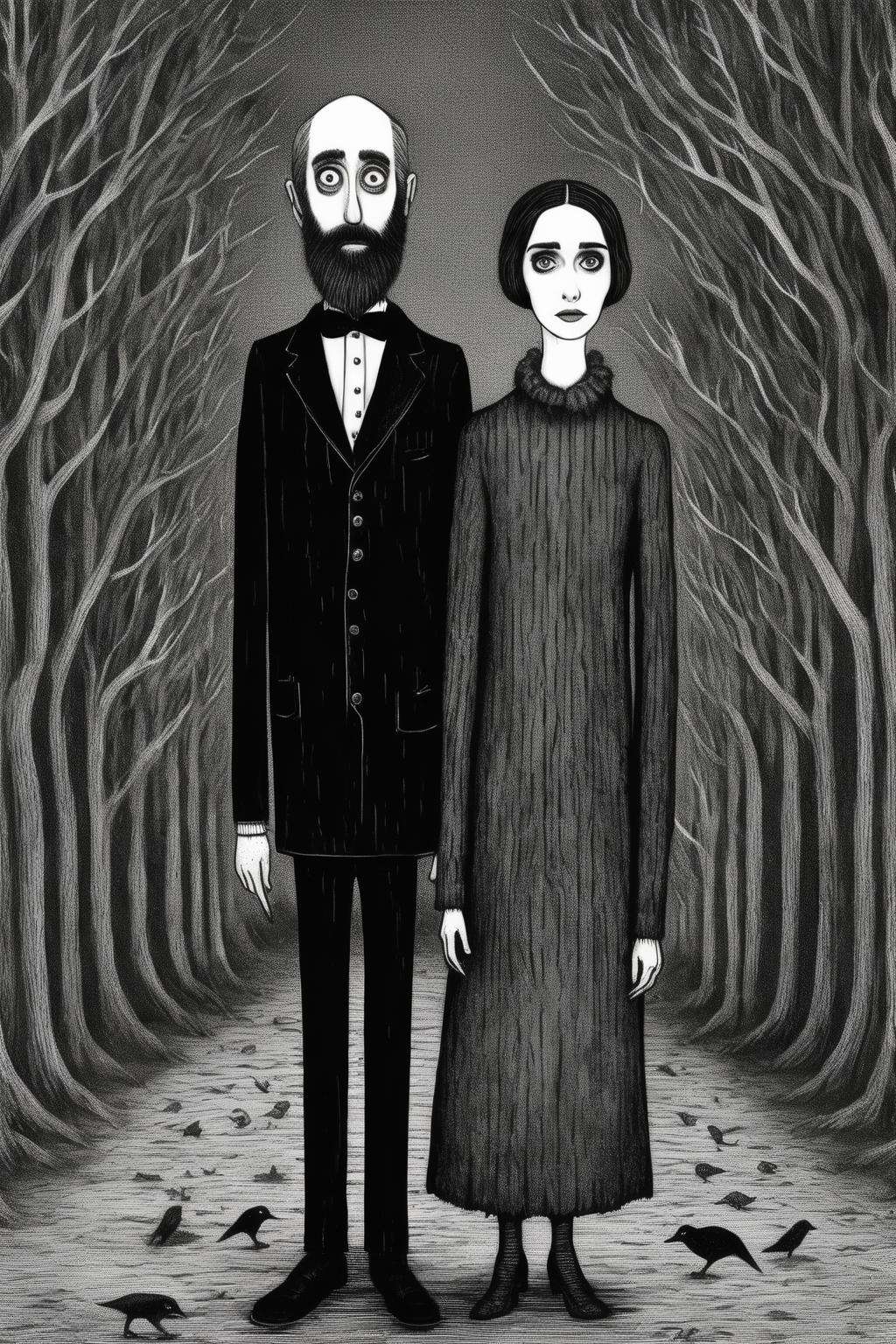 <lora:Edward Gorey Style:1>Edward Gorey Style - illustration Edward gorey and Winona Ryder in style of Edward gorey