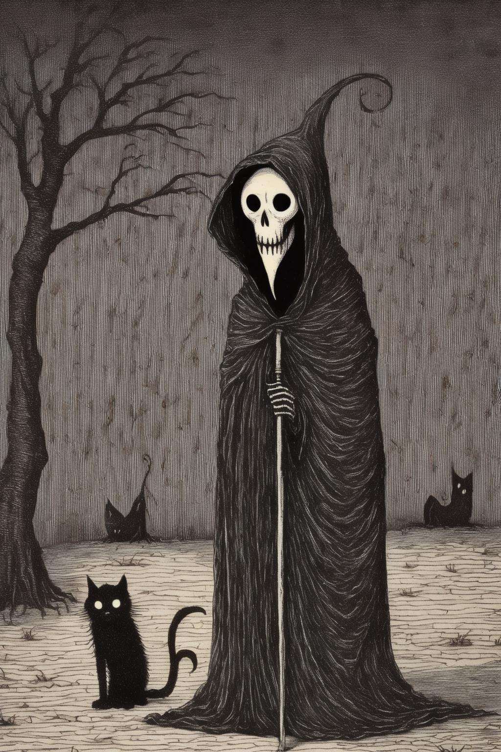 <lora:Edward Gorey Style:1>Edward Gorey Style - Edward Gorey Creepy Grim Reaper and Tearful Cat Very creepy 8K