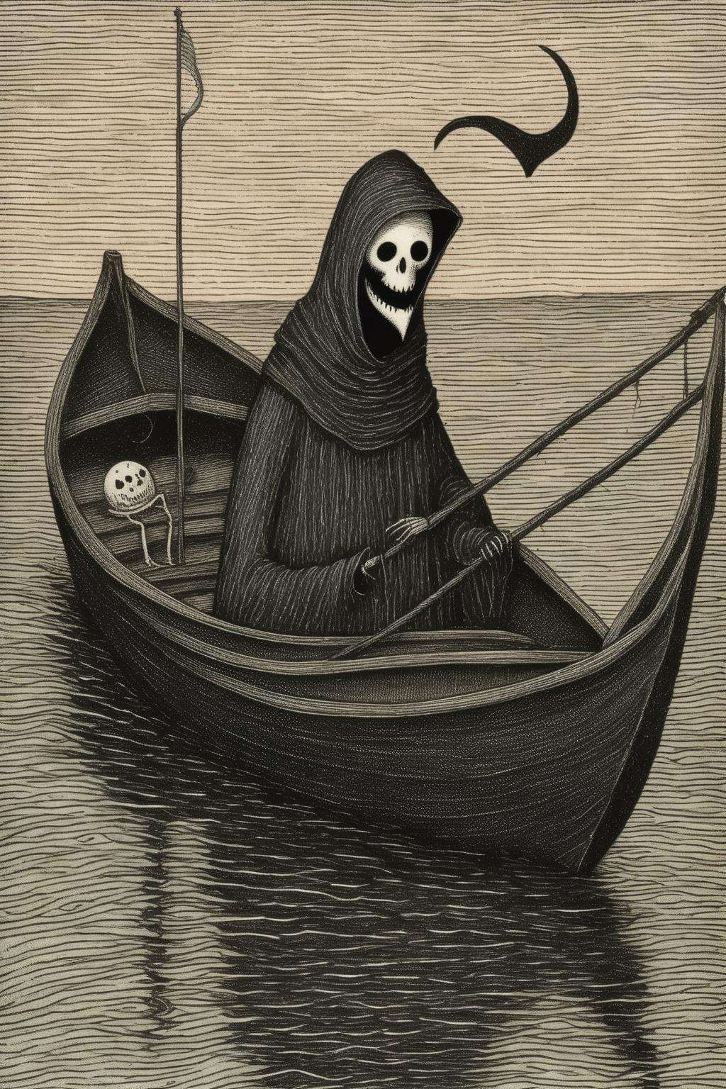 <lora:Edward Gorey Style:1>Edward Gorey Style - Edward Gorey Very creepy 8K Reaper fishing on a boat and fishing for hearts.