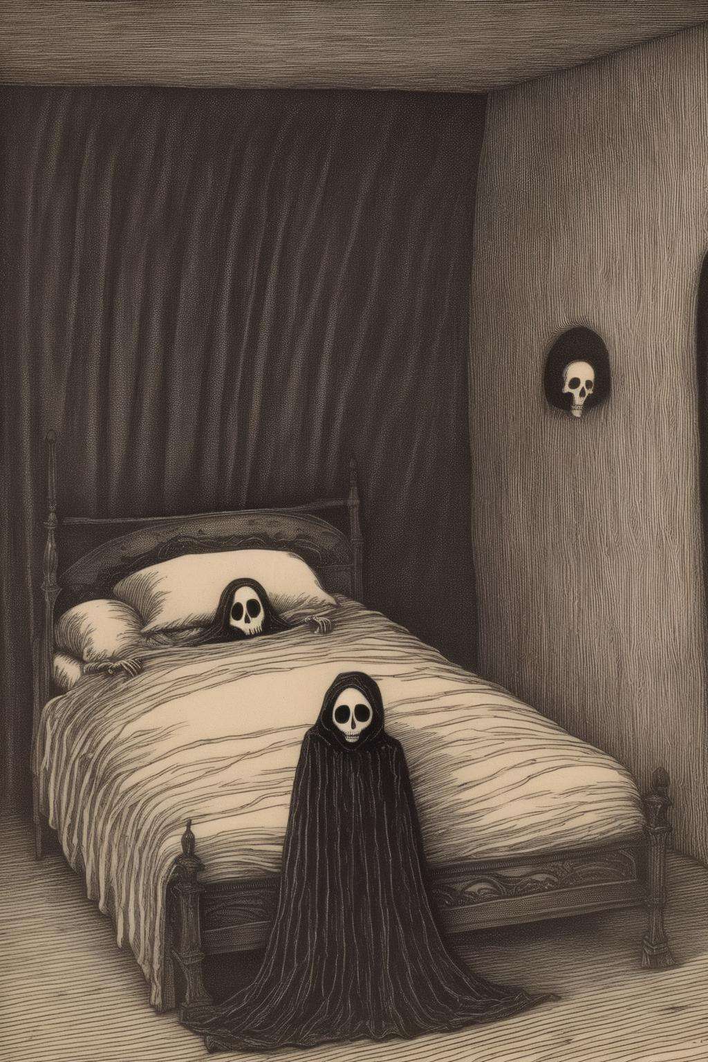 <lora:Edward Gorey Style:1>Edward Gorey Style - EdwardGorey An emaciated girl is lying in bed. The Grim Reaper is beside her.