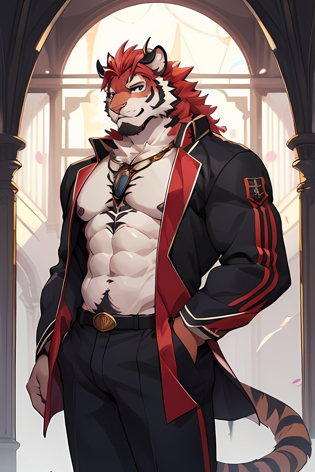 1boy,tiger boy,male focus,topless,stubble,horns ,facial hair,mature male ,muscular,white fur,red hair,floating palaces, heterochromatic eyes, Beautiful and delicate hair, delicate face, Complex court suits, complex clothing, detailed clothing decoration ,upper body,