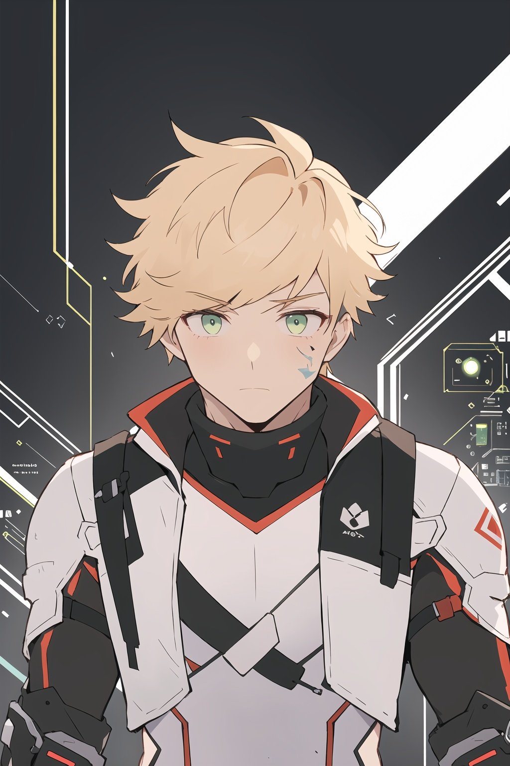 1boy, topless,muscular, Cyberpunk, cyberprosthesis, white circuit,blond hair, green eyes,neon tattoo,circuits, electronic components,upper body, undercut,aged up, closed mouth,