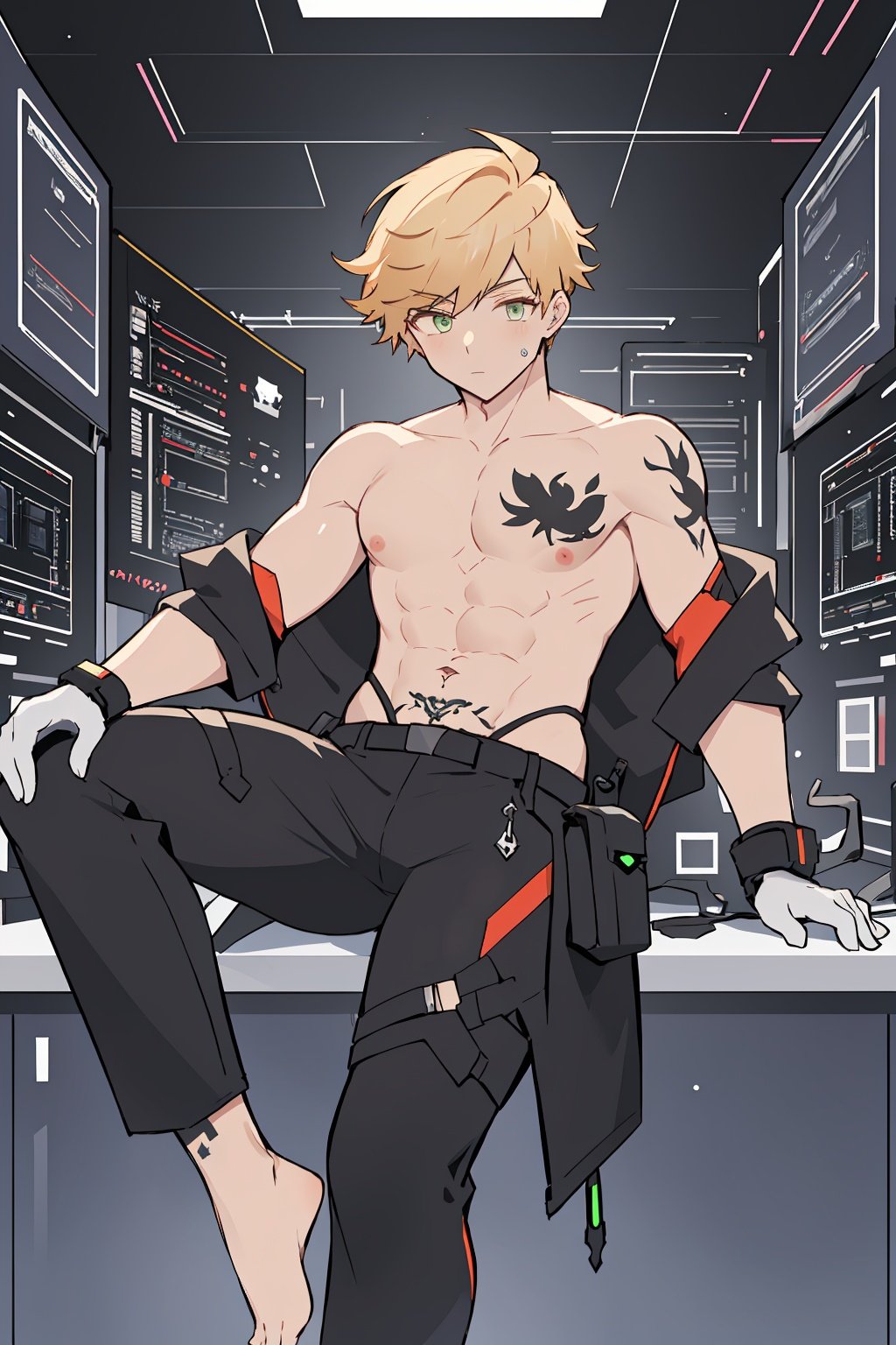 1boy, topless,muscular, Cyberpunk, cyberprosthesis, white circuit,blond hair, green eyes,neon tattoo,circuits, electronic components,feet out of frame, undercut,aged up, 