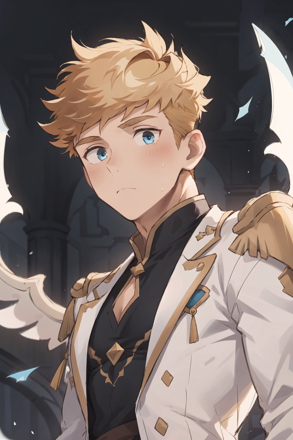 1boy,male focus, muscular,blond hair, Ice wings, floating palaces, fine beautiful eyes, Beautiful and delicate hair, delicate face, Complex court suits, complex clothing, detailed clothing decoration ,upper body, undercut,,aged up,