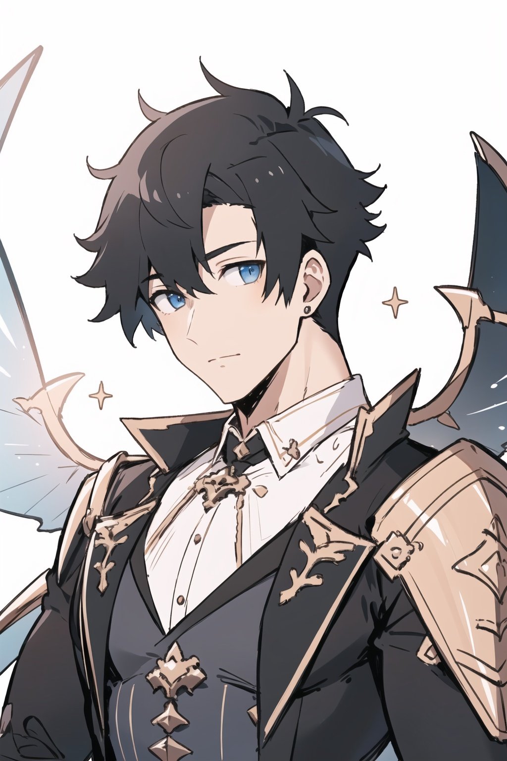 1boy,male focus, muscular,black hair, Ice wings, floating palaces, fine beautiful eyes, Beautiful and delicate hair, delicate face, Complex court suits, complex clothing, detailed clothing decoration ,upper body, undercut,,aged up,