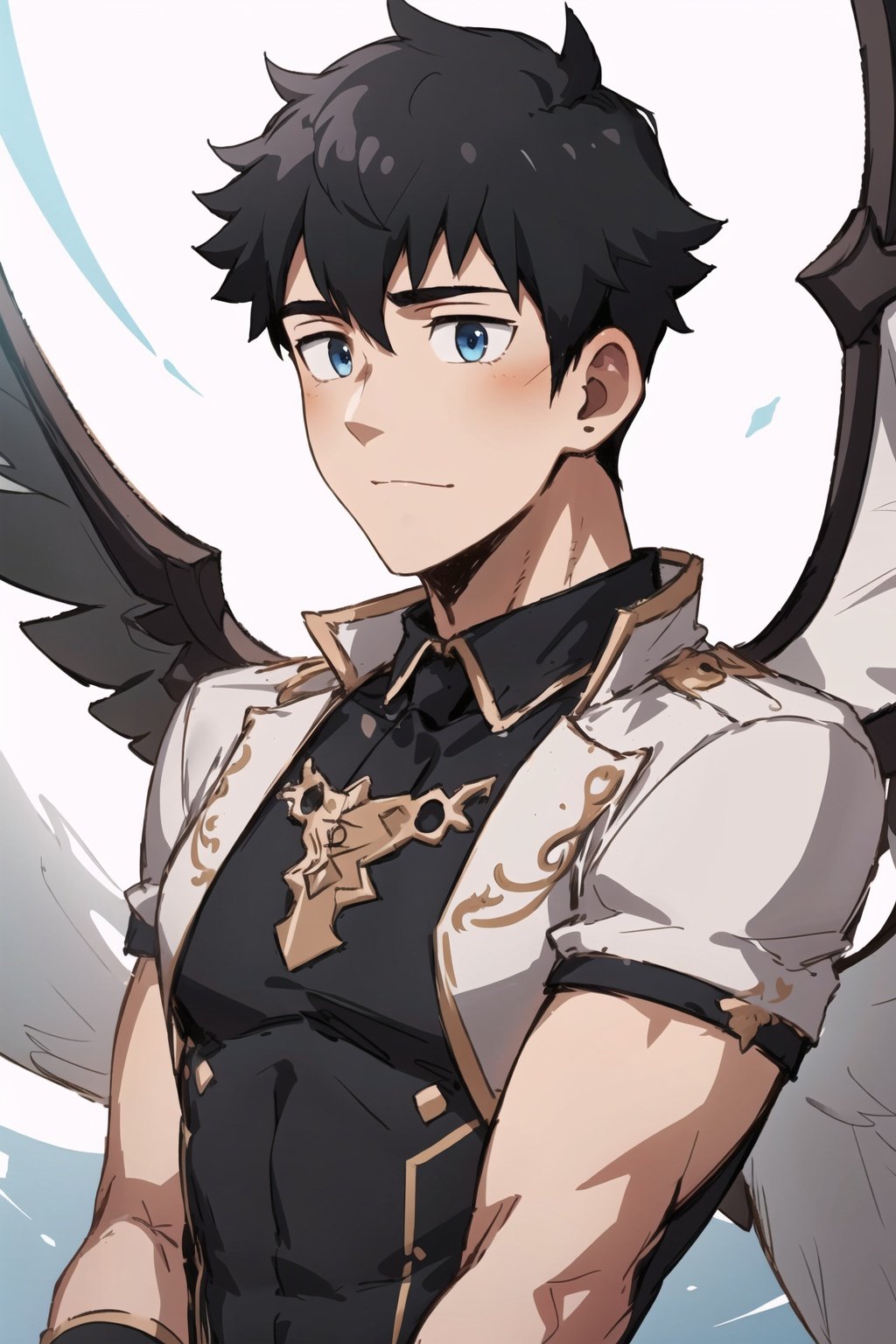 1boy,male focus, muscular,black hair, Ice wings, floating palaces, fine beautiful eyes, Beautiful and delicate hair, delicate face, Complex court suits, complex clothing, detailed clothing decoration ,upper body, undercut,,aged up,