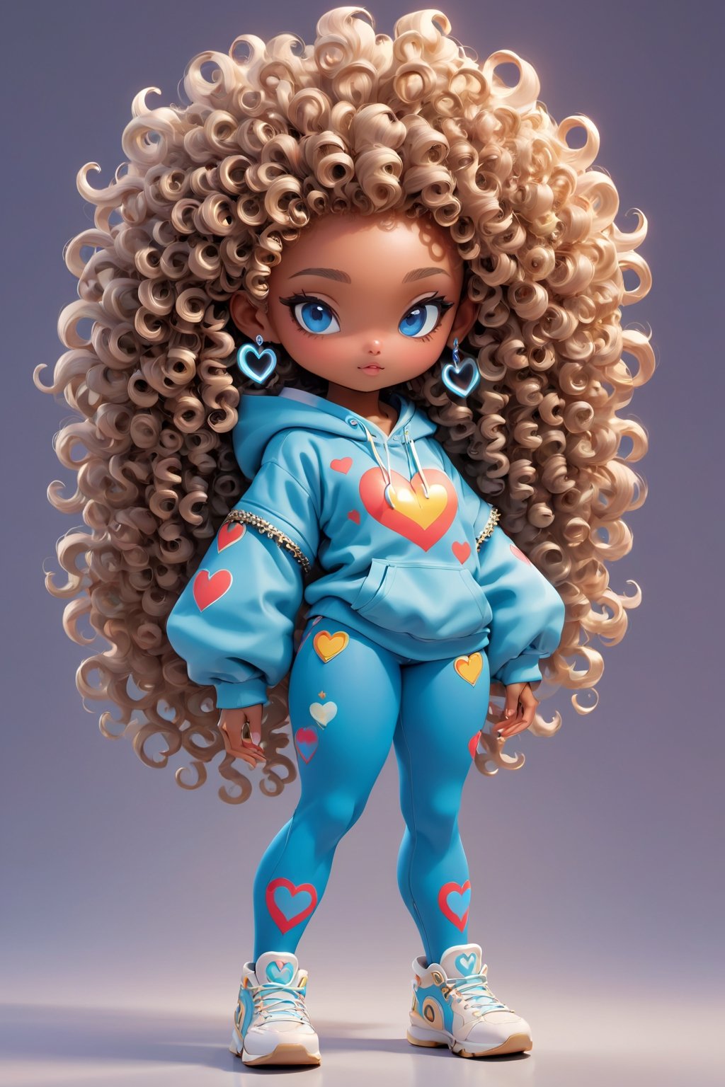 concept art pixar,3d style,toon,masterpiece,best quality,good shine,OC rendering,best quality,4K,super detail,1girl,((full body)),looking at viewer,standing,shiny_skin,fair_skin,warrior stance, yoga leggings and hoodie, Queen, Tall, Slim, Heart-Shaped Face, Dark Skin, Silver Hair, Blue Eyes, Long Nose, Pouty Lips, Prominent Chin, Long Hair, Curly Hair, Curly Afro, natural breasts, Dangle earrings, cream gloss lipstick,light coffee hair,gyaru,absolute_territory,tight,spandex,shoes,kneehighs,glamor,dormitory,light grey background,clean background,straight_hair,hime cut, . digital artwork, illustrative, painterly, matte painting, highly detailed