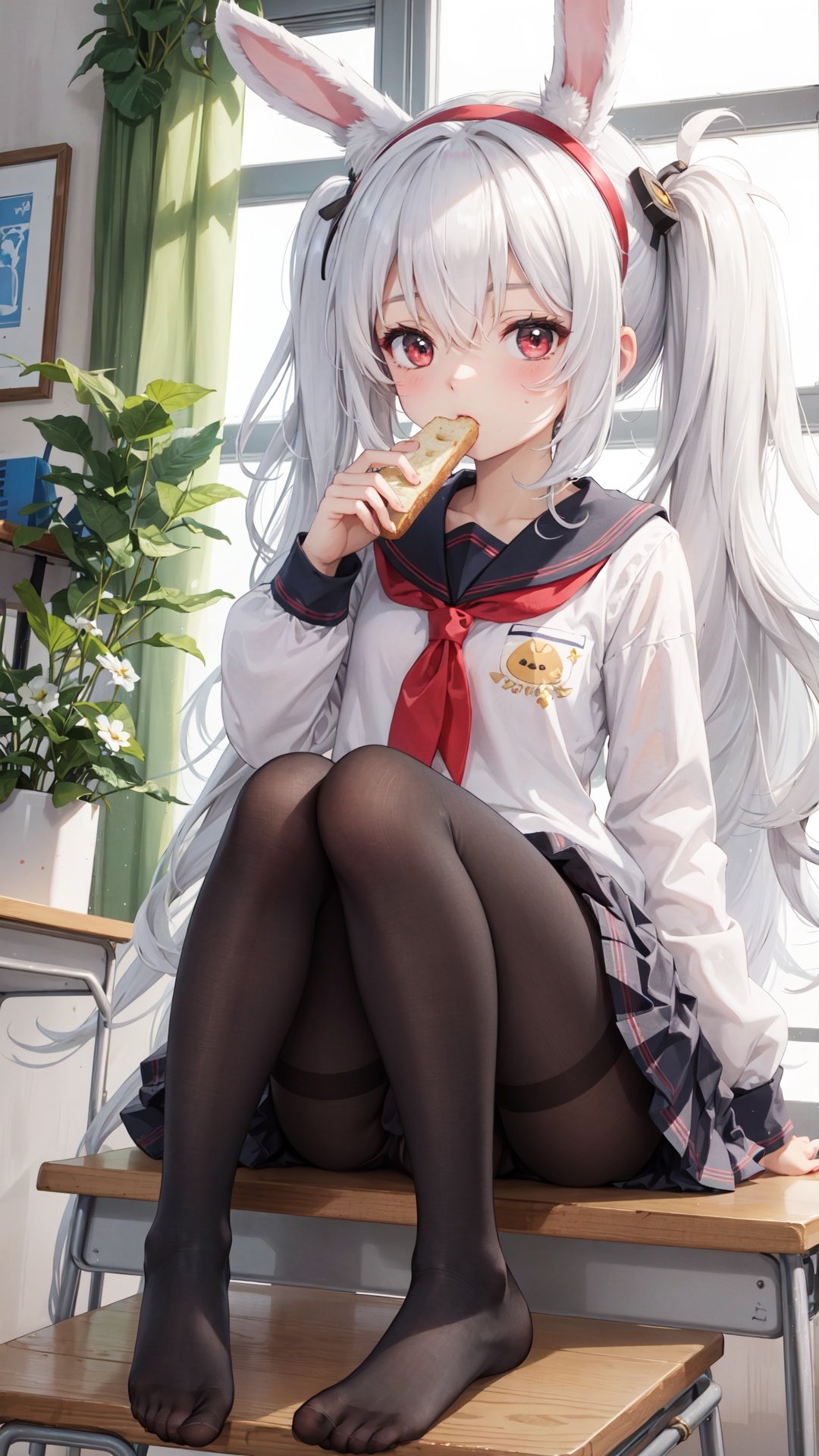 1girl, laffey \(azur lane\), food, long hair, school uniform, animal ears, twintails, pantyhose, skirt, serafuku, white hair, no shoes, manjuu \(azur lane\), sitting, eating, red eyes, desk, rabbit ears, feet, milk carton, red skirt, hairband, white pantyhose, bread, school desk, sitting on desk, holding food, pleated skirt, solo, hair between eyes, bangs, knees up, very long hair, holding, on desk