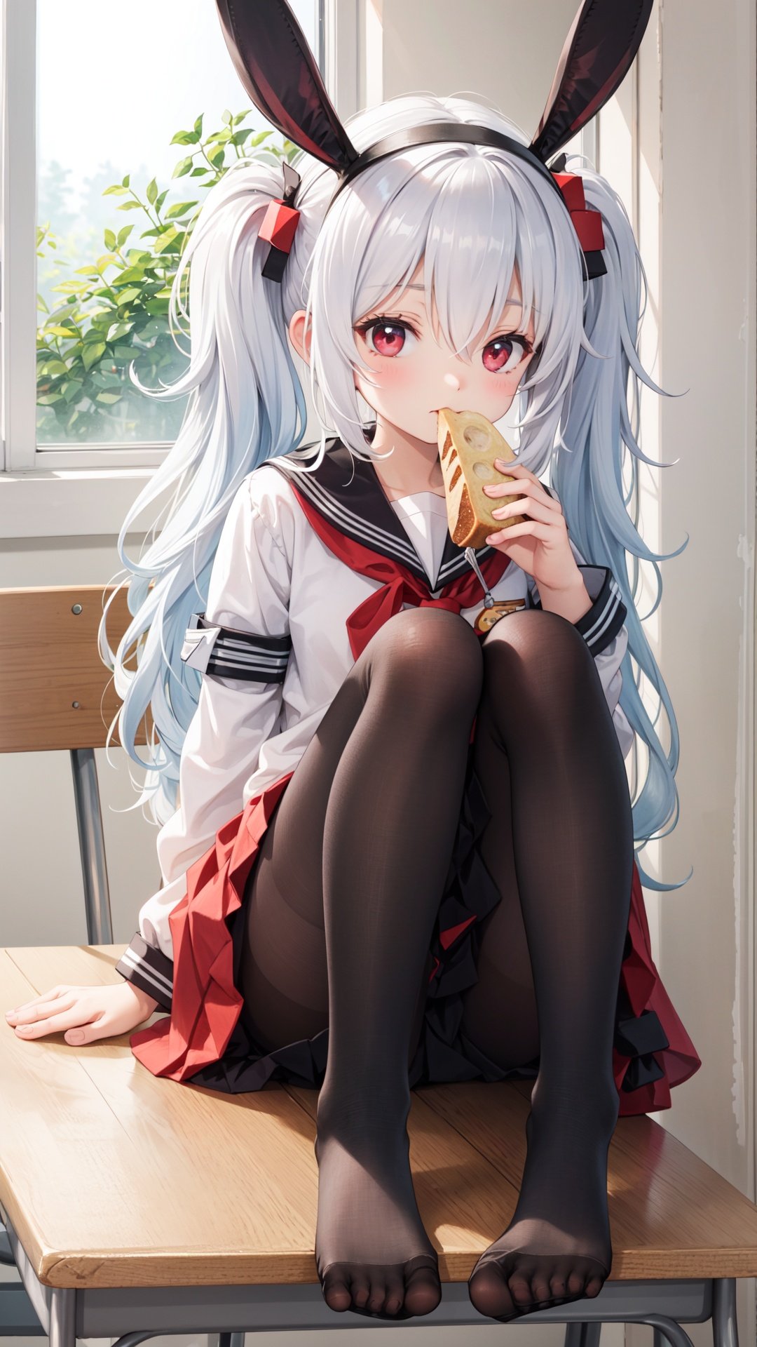 1girl,laffey \(azur lane\),food,long hair,school uniform,animal ears,twintails,pantyhose,skirt,serafuku,white hair,no shoes,manjuu \(azur lane\),sitting,eating,red eyes,desk,rabbit ears,feet,milk carton,red skirt,hairband,white pantyhose,bread,school desk,sitting on desk,holding food,pleated skirt,solo,hair between eyes,bangs,knees up,very long hair,holding,on desk,