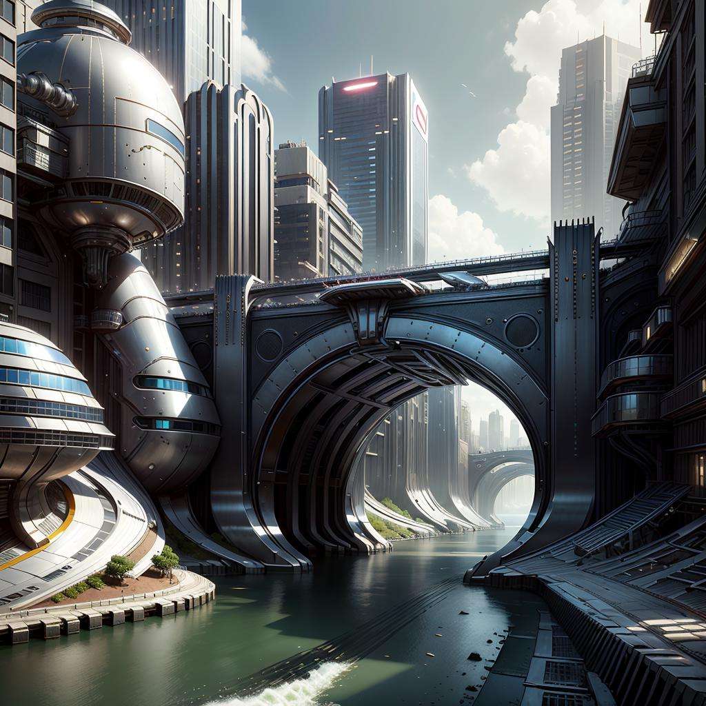 <lora:ChromeTech-21:0.8>,chrometech  , scifi, metallic , chrome,city, bridge, river 