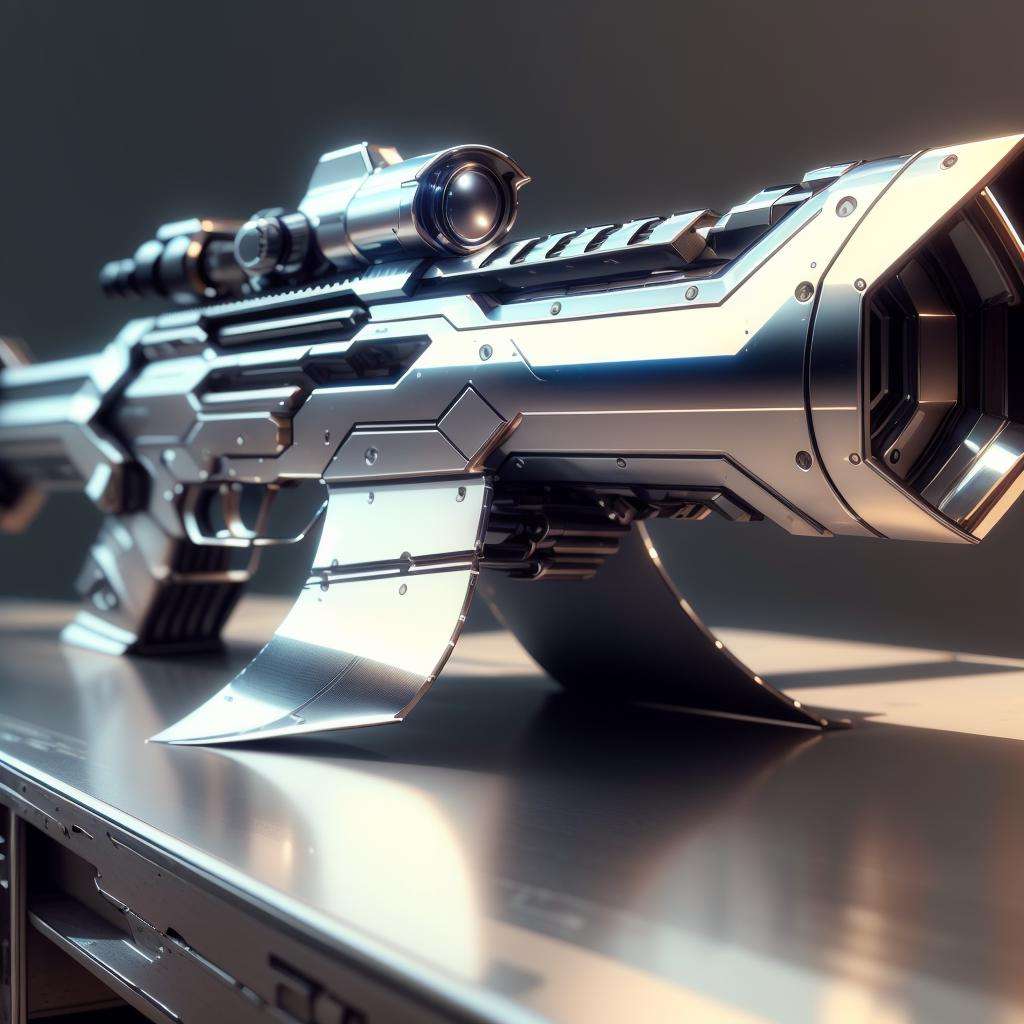 <lora:ChromeTech-21:0.8>,chrometech  , scifi, metallic , chrome  ,rifle on a table, (simple background:1.3)