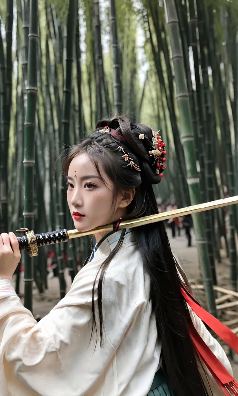 (dramatic, gritty, intense:1.4), masterpiece, best quality, 8k, insane details, intricate details, hyperdetailed, hyper quality, high detail, ultra detailed, Masterpiece, 1girl, solo, hanfu, dress, red ribbon, jewelry, wind, long sleeves, long hair, hair ornament, tassel, holding weapon, sword, looking at viewer, realistic, bamboo grove, Chinese architecture, 