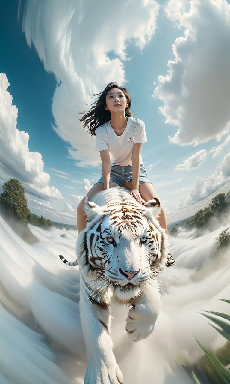 An impressionistic image of a girl astride an enormous white tiger soaring amidst the clouds. The scene is filled with swirling,dreamlike effects that enhance the surreal atmosphere. The composition uses rule of thirds to frame the girl and her majestic mount. Soft focus and a pastel color palette create a fantastical ambiance. Shot with a fisheye lens for a wide-angle perspective.,