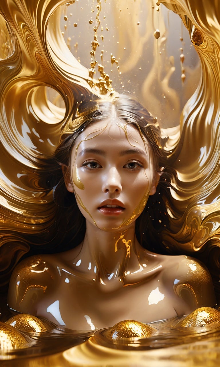 A surrealistic portrait of a beautiful girl emerging from a cascade of liquid gold. The molten gold forms intricate patterns as it flows around her, creating a mesmerizing visual effect. Her serene expression contrasts with the chaotic surroundings, evoking a sense of inner strength. The composition employs unconventional angles and extreme perspective to enhance the surreal atmosphere.