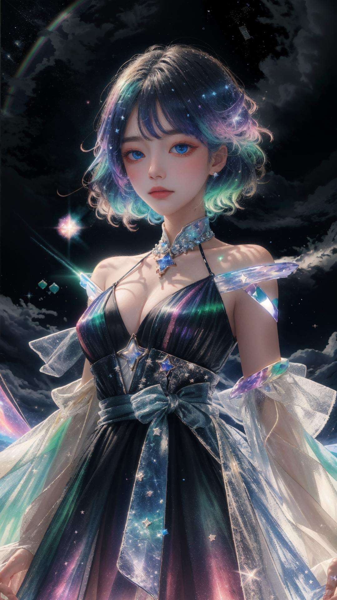 masterpiece, best quality,highres, 1girl, stars in the eyes, see_through, (((glistening light))), (Luminous), detailed shadow, meteor, stars, galaxy, nebula, stars in dress, messy floating hair, colored inner hair, Starry sky adorns hair, chiffon, tullece, <lora:fanxing:0.7>, <lora:liuli:0.4>, liuli, chromatic dispersion, coloured glaze, Polychromatic prism effect, rainbowcore, iridescence/opalescence,  glowing colors