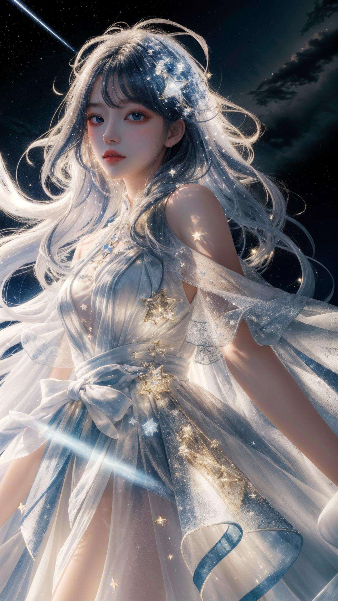 masterpiece, best quality,highres, 1girl, (long_white_hair:1.2), stars in the eyes, messy floating hair, colored inner hair, Starry sky adorns hair, tullece, see_through, (((glistening light))), (Luminous), detailed shadow, meteor,fanxing, <lora:add_detail:0.5>, <lora:fanxing:0.7>, stars in white dress, tuxedo,