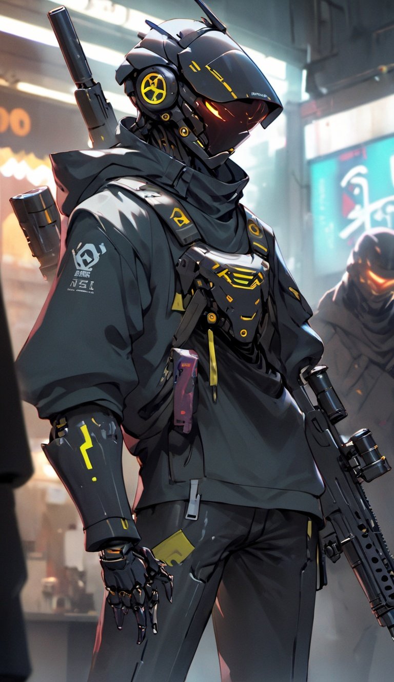 Animation style, MG_jixie,  science fiction,  weapon,  gun,  robot,  blurry,  blurry background,  Front view, standing,  solo,  holding weapon,  cyberpunk,  holding,  humanoid robot,  holding gun,  hood,  mask,  jacket,  cyborg,  no humans,  1boy,  helmet,  machine, <lora:EMS-38661-EMS:1.000000>