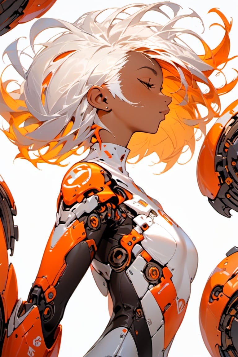 Animation style, MG_jixie,  1girl,  solo,  white hair,  breasts,  small breasts,  simple background,  white background,  orange hair,  dark skin,  upper body,  from side,  short hair,  profile,  dark-skinned female,  closed mouth,  bodysuit,  two-tone hair,  mechanical parts,  closed eyes,  medium hair,  machine,  Two-tone hair, <lora:EMS-36641-EMS:1.000000>