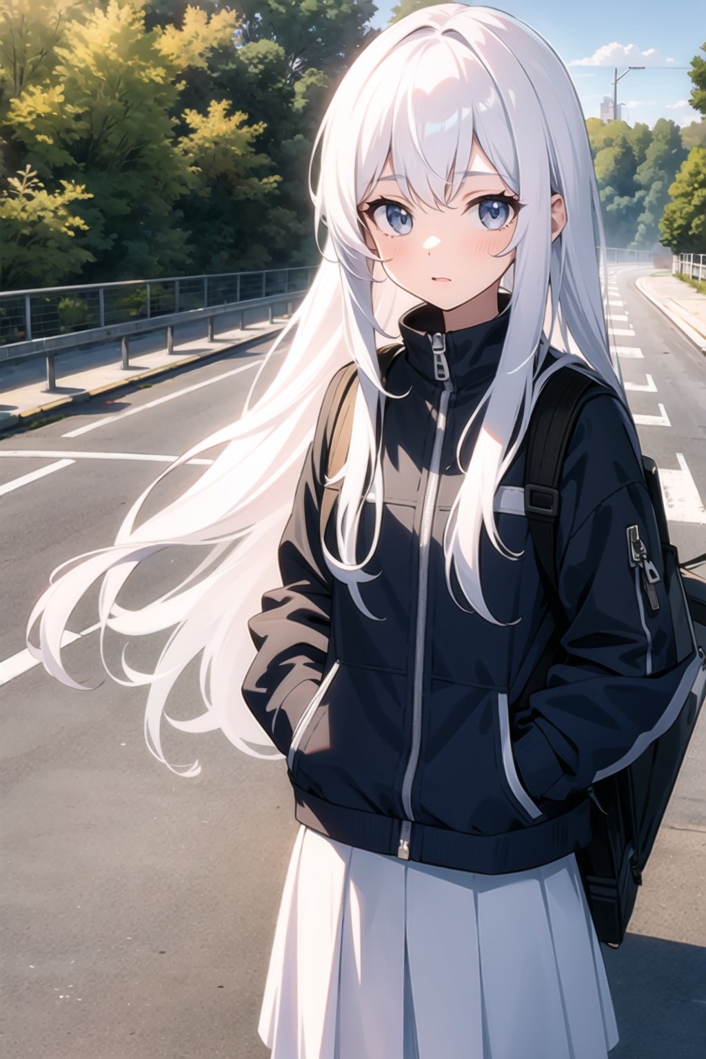 1 girl,  long hair,  white hair,  backpack,  on the road,  hand in pocket