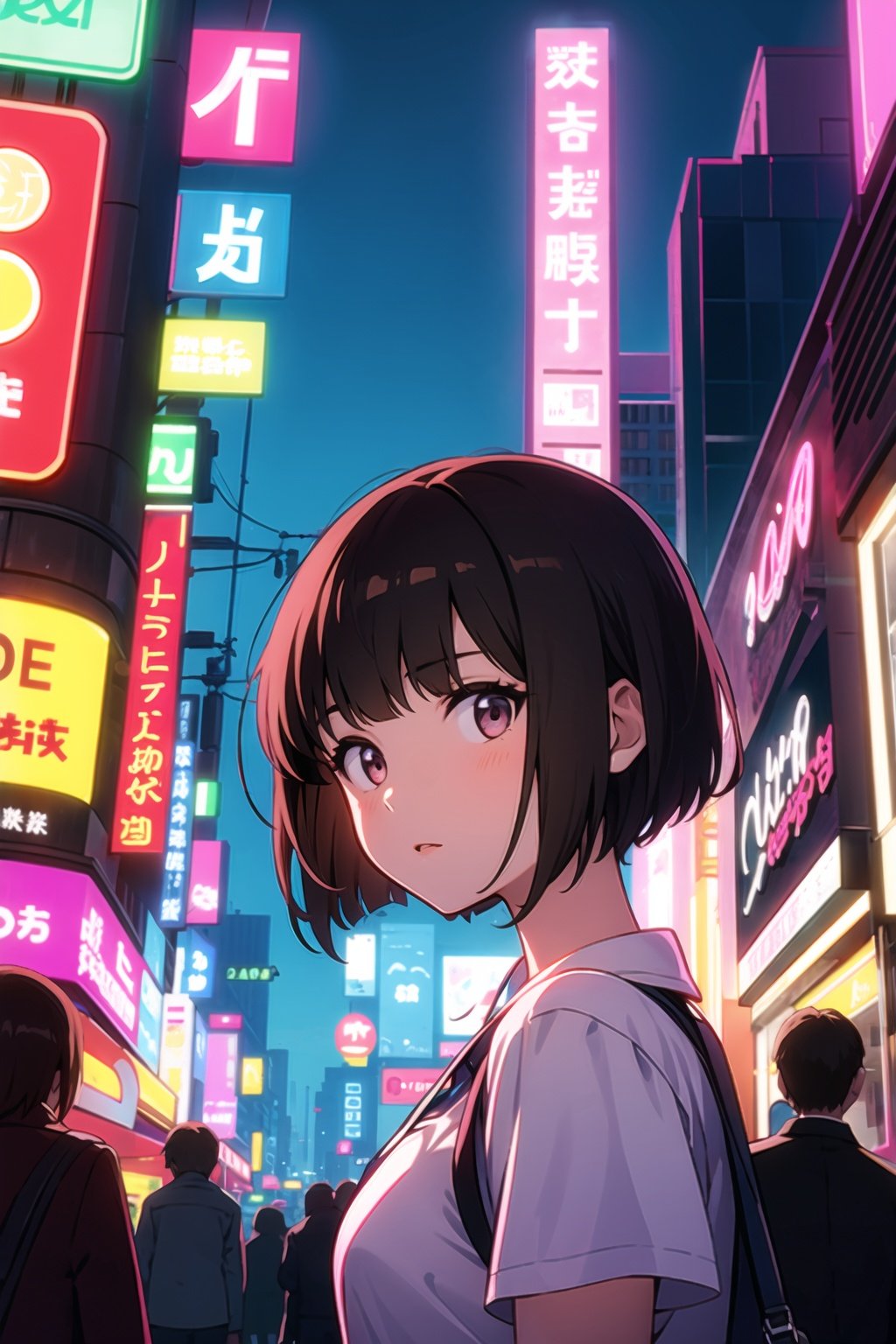 1 girl,  brunette,  short hair,  city,  neon