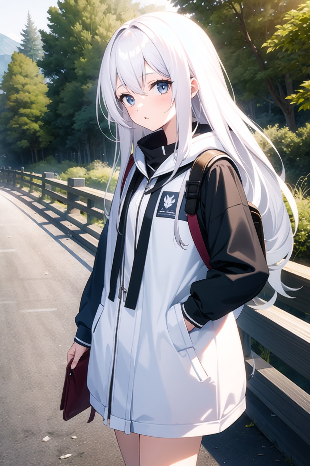 1 girl,  long hair,  white hair,  backpack,  on the road,  hand in pocket