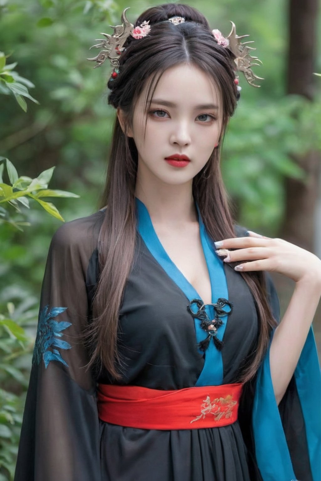 1girl, (jiangshi),  solo, china dress, (ofuda on forehead), (qing_guanmao),(The skin color of a corpse:1.4), (angry:1.5), 
long fingernails, talisman, black hair, simple background, braid, long hair, white background, sharp fingernails, qing guanmao, ofuda, necklace, twin braids, green eyes, full body, beads, looking at viewer, jewelry, dress, chinese clothes, red headwear, parted lips, bead necklace, wide sleeves, black dress, tassel, long sleeves, very long fingernails, black footwear, blue fire, pale skin, standing, blue eyes, qing_guanmao, zombi, Chinese zombies, No blood-colored skin, cold shades, Showing tiger teeth,jiangshi,qing_guanmao