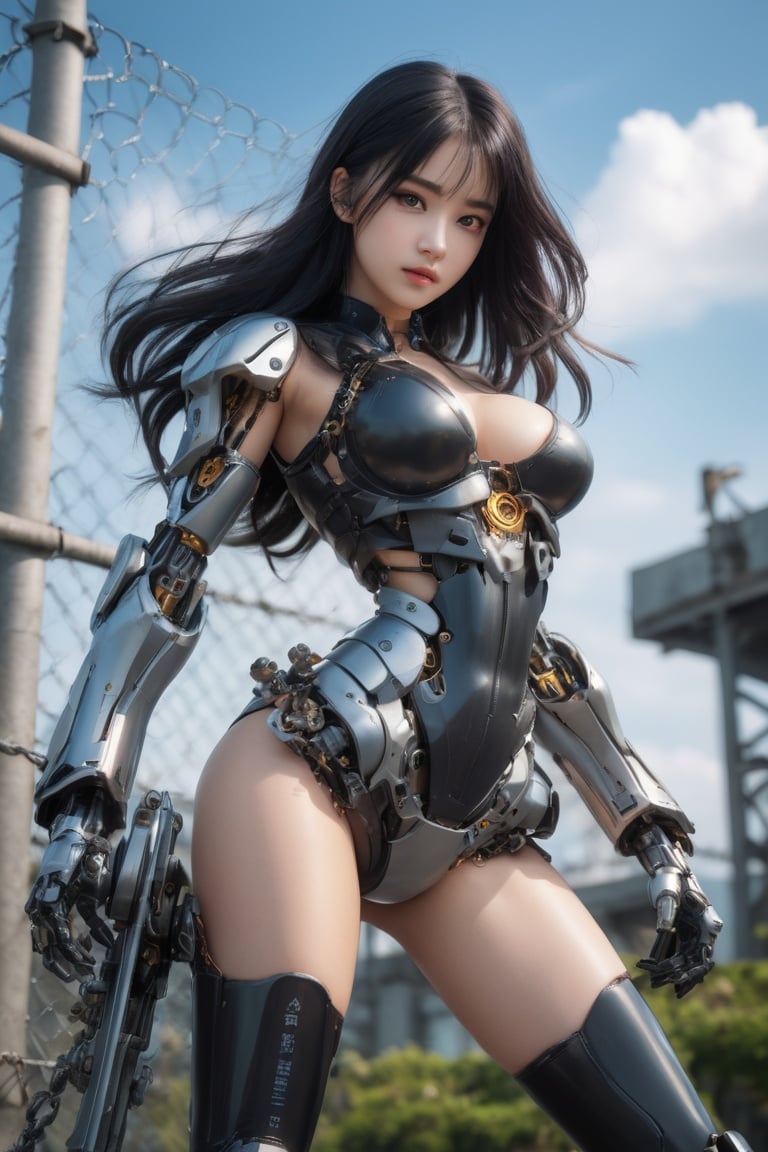 masterpiece,best quality,Ultra-high resolution,Realistic,sense of reality,The ultimate detail,8K wallpaper,Professional lighting,The perfect hand,Realistic hands,1girl,solo,standing,full body,(long black hair:1.1),jixieji,Wearing a mecha,mechanical joint,dynamic posture,Universe,Earth,machinery,Heela collections,Mecha girl sexaroid,Chain link fence,((dynamic pose)),all fours