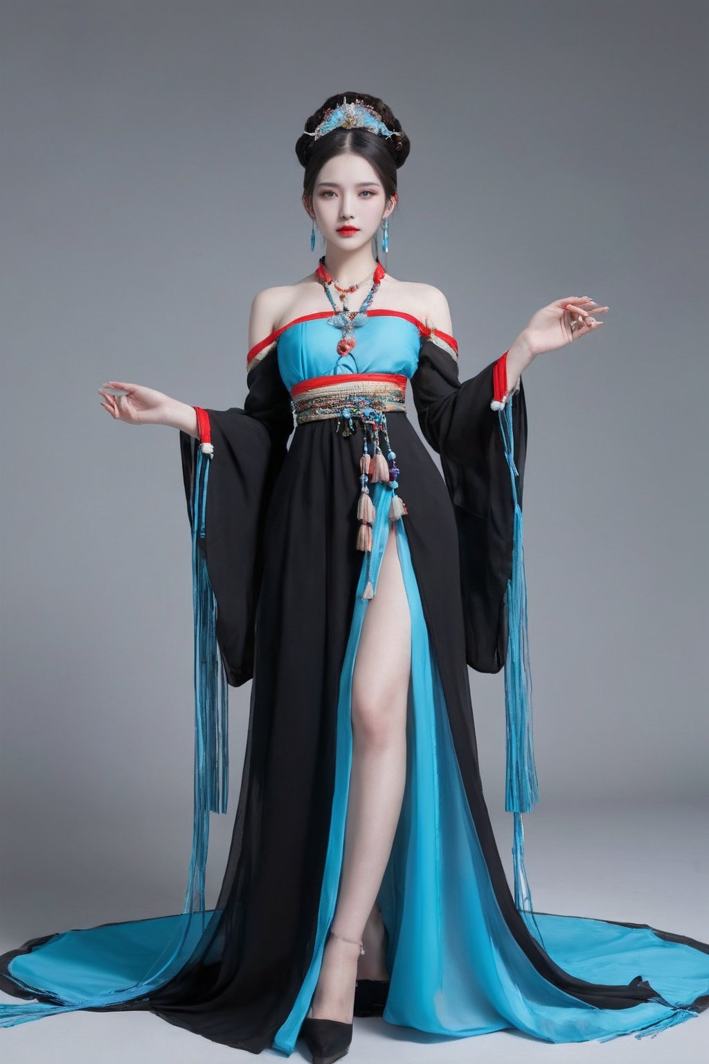 1girl, (jiangshi),  solo, china dress, (ofuda on forehead), (qing_guanmao),(The skin color of a corpse:1.4), (angry:1.5), 
long fingernails, talisman, black hair, simple background, braid, long hair, white background, sharp fingernails, qing guanmao, ofuda, necklace, twin braids, green eyes, full body, beads, looking at viewer, jewelry, dress, chinese clothes, red headwear, parted lips, bead necklace, wide sleeves, black dress, tassel, long sleeves, very long fingernails, black footwear, blue fire, pale skin, standing, blue eyes, qing_guanmao, zombi, Chinese zombies, No blood-colored skin, cold shades, Showing tiger teeth,jiangshi,qing_guanmao